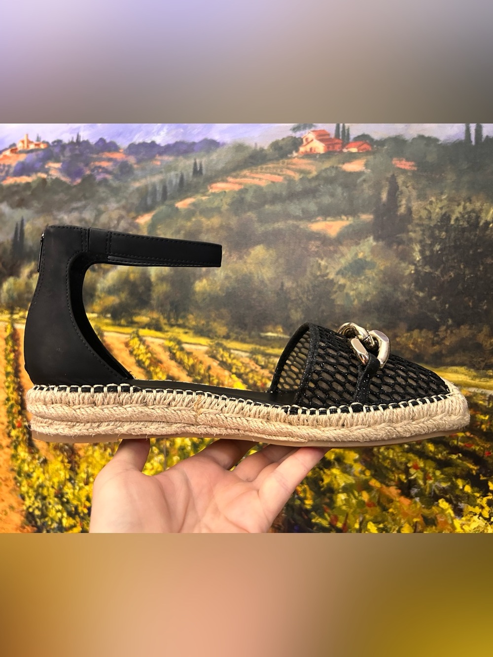 INC International Concepts Black Mesh Gold Chain Espadrille Sandals 9.5 M NWOT - Picture 2 of 10